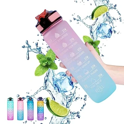 Image of Gaiayhc Sports Water Bottle 1 L,Motivational with Time Marker and Straw,30oz Leakproof Design Sports,Hiking,Gym,Fitness,Outdoor,Cycling,School &amp; Office，Gradient Blue Powder