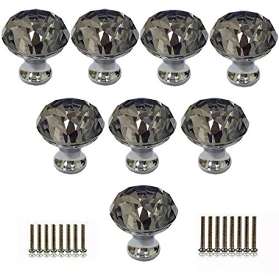 Image of Tencro Glass Crystal Cabinet Knobs, 8Pcs 30mm Diamond Shaped Door Handle Knobs for Drawer, Wardrobe, Cupboard, Kitchen, Home Decorating, Etc Grey