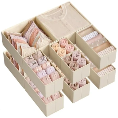Image of SONGMICS Drawer Organisers, Dresser Dividers, Set of 12, Foldable Fabric Storage Boxes for Socks, Underwear, Bras, Ties, Scarves, Sand Beige RDZ006Y02