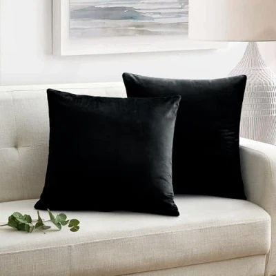 Image of Oxford Homeware Velvet Cushion Covers 45 x cm 2 Pack Square Throw Pillow Cases Decorative Black Cover for Sofa Bedroom Living Room with Invisible Zipper (18 18 Inch)