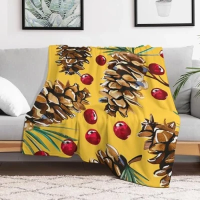 Image of Ultra Soft Micro Fleece Blanket Pine Cones And Cranberries Throw Lightweight Flannel Fuzzy Cozy Air Conditioning Quilt Warm All Seasons for Bed Couch Living Room Sof