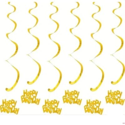 Image of Quirki Happy Birthday Hanging Party Decorations (6 pcs) Swirl Spiral Foil Streamers (Gold)
