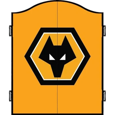 Image of FOCO Officially Licensed Wolverhampton Wanderers Football Club Wolves FC Darts and Dartboard Cabinet, Crest, Black/Orange (CAB112)