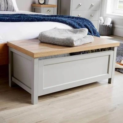 Image of Home Source Wooden Ottoman Storage Toy Chest Bedding or Blanket Box, Sonoma Oak Effect, Grey, 90cm