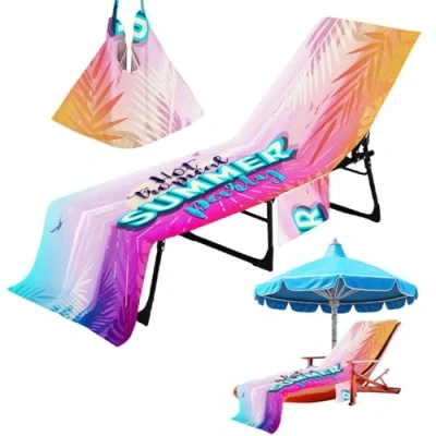 Image of Firulab Beach Chair Towel with Pockets, Soft Microfiber Printed Summer Chaise Sunbed Lounger for Holiday Sunbathing