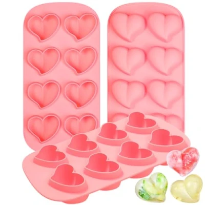Image of Webake Heart Ice Cube Tray Silicone 3 Pcs Shape Moulds Valentines Chocolate for Chocolate, Cube, Wax Melt