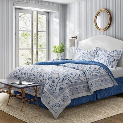 Image of Laura Ashley Reversible Cotton Bedding with Matching Sham, Home Decor for All Seasons, Charlotte Blue, Full