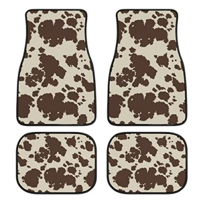 Image of Cow Car Floor Mats Set of 4,Brown Animal Print Vehicle Front Rear Carpets Mat Stylish Rugs Non Slip Auto Foot Cushioned Accessories Universal Fit for SUV Truck Van