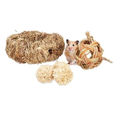 Image of Relaxdays Hamster Accessories Set 5 Pcs, Tunnel, Nest &amp; 3 Balls, Straw/Grass, Cage Rodents, Mice, Natural