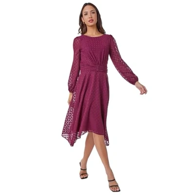 Image of Roman Womens Textured Diamond Belted Chiffon Midi Dress Wine Size 18 UK