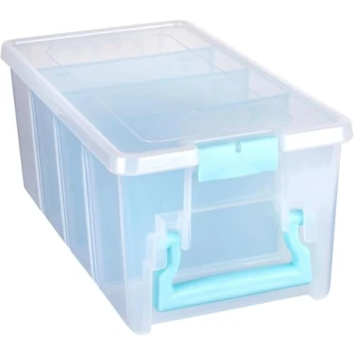 Image of ArtBin Semi Satchel with Removable Dividers, Portable Art &amp; Craft Organizer Handle, [1] Plastic Storage Case, Clear Aqua Accents, Polypropylene