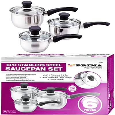 Image of NTI 6 Pcs Prima Stainless Steel Saucepan Set Induction Cooking Pot Glass Lid Sturdy Handles Housewarming Gifts Home Kitchen Chef Healthy Food Cooker Cookware 16/18/20CM UK Free P&amp;P, Silver &amp; Black