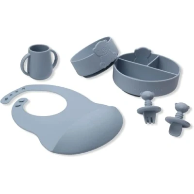 Image of Bubba Bear ® Baby Weaning Suction Plate, Bowl, Bib &amp; Spoon Set Toddler Feeding Bowls, Plates Spoons Sets for Babies (Powder Blue, 6)