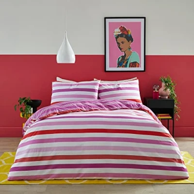 Image of Fusion Carlson Stripe Reversible Duvet Cover Set Single Bed Size in Pink
