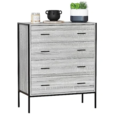 Image of Vida Designs Brooklyn Industrial Chest of Drawer Rustic Bedroom Storage Unit, Cabinet Dresser with Metal Frame (Grey, 4 Drawer)