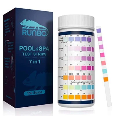 Image of RUNBO 7 in 1 Hot Tub Test Strips, 150 Strips Water Testing for Spa and Swimming Pool, Accurate Bromine, Total Alkalinity, pH, Free Chlorine, Hardness, Cyanuric Acid, Chlorine