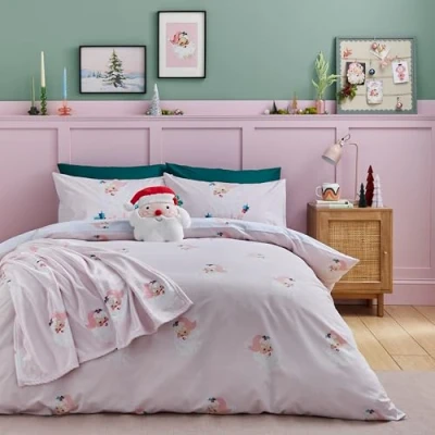 Image of Catherine Lansfield Vintage Christmas Santa Reversible King Duvet Cover Set with Pillowcases Pink