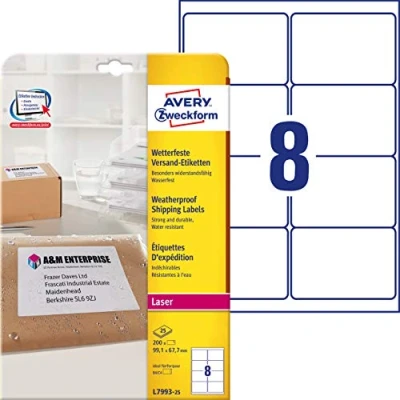 Image of Avery Zweckform L7993 25 (A4 200 Labels, 99.1 x 67.7 MM Sheets White