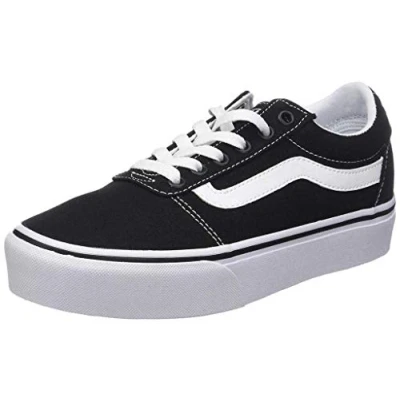 Image of Womens Vans Size 4.5, Platform Ward Sneaker, Black &amp; White Suede Canvas Stack Lace Up Shoes, Low Top Ladies&#039; Trainers, Lightweight Sports Shoes by Active Wear Range (4.5 UK)