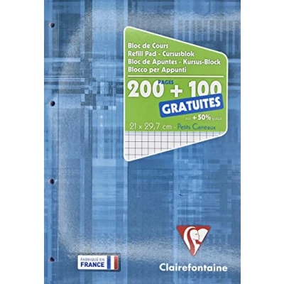 Image of Clairefontaine 65816C Electric Blue Perforated Glued Course Pad A4 21x29.7cm 300 Pages (200+100 free) Small Squares and 4 Hole 90gsm White Paper Laminated Card Cover