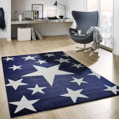 Image of VIMODA Star Rug Fluffy Quality Blue/White Synthetic Fibre Tested for Harmful Substances 120 x 170 cm