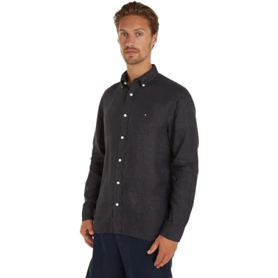 Image of Tommy Hilfiger Men Pigment Dyed Li Solid Rf Shirt Casual Shirts, Black, XS