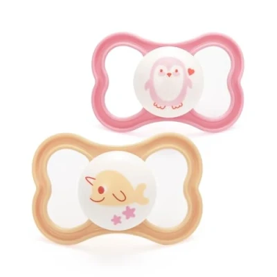 Image of MAM Air Soothers 16+ Months (Pack of 2), Baby with Sterilisable Travel Case, Essentials, Peach/Cream (Designs May Vary)