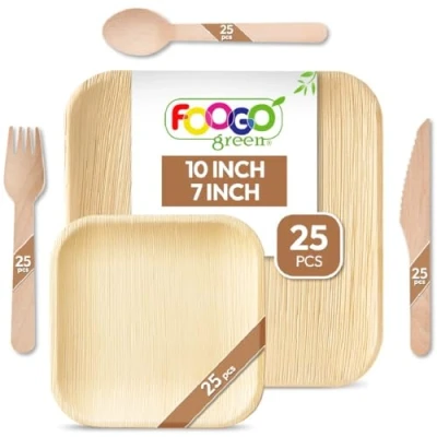 Image of FOOGO Green 125pcs Disposable Palm Leaf Plates and Wooden Cutlery Set, FSC® Certified, 25x Large Square Plates, Small Side Spoons, Forks, Knives, Eco Friendly Biodegradable