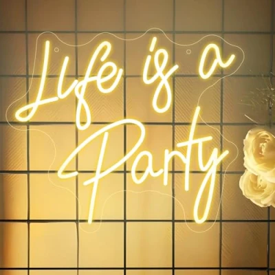 Image of Life is a Party Neon Sign, Warm White Signs for Wall Decor, LED Dimmable Light Up USB Powered Bedroom Living Room Home Bar Birthday Wedding Game