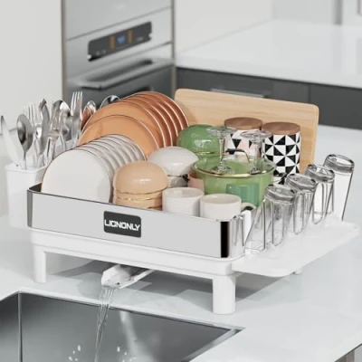 Image of LIONONLY Dish Drainer Rack,Premium 304 Stainless Steel Drying Rack,Anti Rust Draining Board Rack with Cup Holder,Swivel Spout &amp; Utensil Holder,Dish Racks for Kitchen Counter