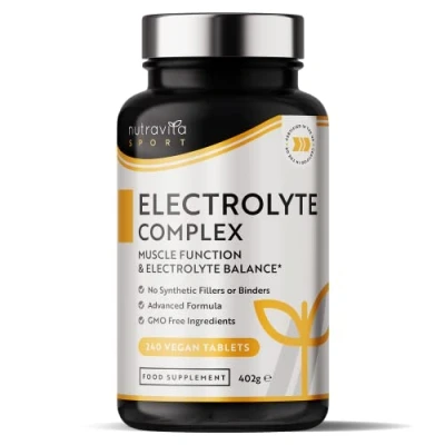 Image of Electrolyte Complex High Strength Tablets with Added Magnesium, Potassium &amp; Calcium Muscle Function and Balance 240 Vegan No Synthetic Binders Made in The UK by Nutravita