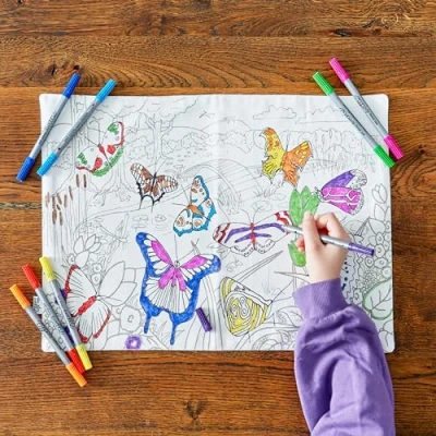 Image of eatsleepdoodle Colouring Placemat For Kids w/ 10pk Washable Markers 33x47cm Butterfly Ultra &amp; Reusable Arts and Crafts