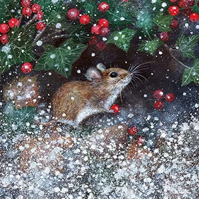Image of Museums &amp; Galleries Pack of 8 Christmas Cards &#039;Winter Mouse&#039; Lovely Design with Cute Mouse, Ivy and Berries The Classics Range Card 1 Design, Blue Brown White Green Red, 138 x 133 12mm