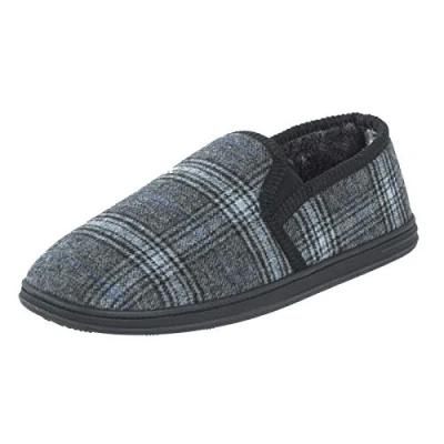 Image of E G O Mens Slippers Traditional Grey Checked Fleece Upper Faux Fur Lining Side Elastic Inserts Non Slip Hard Sole 12 UK
