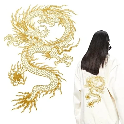 Image of Ericetion Gold Dragon Patch Embroidered Applique Chinese Sew on or Iron Patches for Diy Costume, Jackets, Clothing, Bags