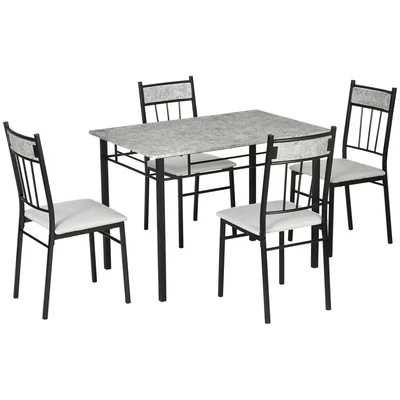 Image of HOMCOM 5 Pieces Dining Room Set, Modern Table and Chairs Set 4 with Marble Effect Tabletop, Padded Kitchen Metal Frame, Light Grey