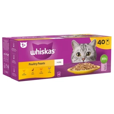 Image of Whiskas 1+ Adult Poultry Selection in Jelly 40 Pouches, Wet Cat Food, Megapack (40 x 85 g)