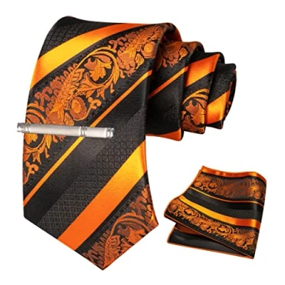 Image of JEMYGINS Mens Mixed Roses Striped Tie Set Including Clip &amp; Handkerchief, orange, M
