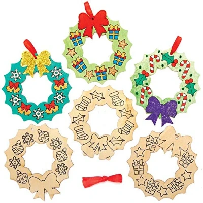 Image of Baker Ross Christmas Wreath Wooden Decorations Pack of 10, Kids Wood Craft Decoration Kits (AX506)