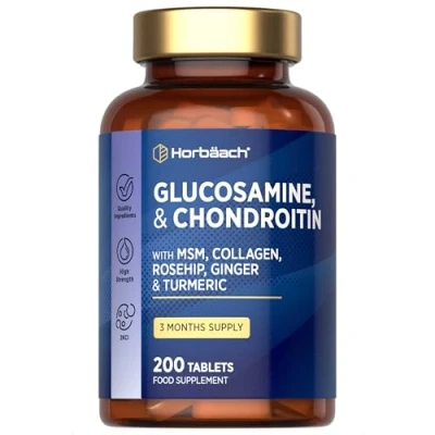 Image of Glucosamine and Chondroitin High Strength 200 Tablets 500 mg of Sulphate Complex Supplement for Men Women with MSM, Collagen Ginger Root by Horbaach