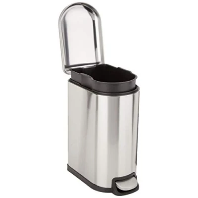 Image of Amazon Basics Smudge Resistant Small D Shaped Trash Can With Soft Close Foot Pedal for Bathroom,Bedroom or Living room, Slim shape narrow space, 10 Liter/2.6 Gallons, Brushed Stainless Steel