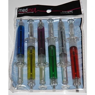 Image of Medinc Pack of 6 Mixed Colour Syringe Pens with Black Ink Great Nurse Novelty Pen Stationary Set or Doctor Medical Student Stationery NHS