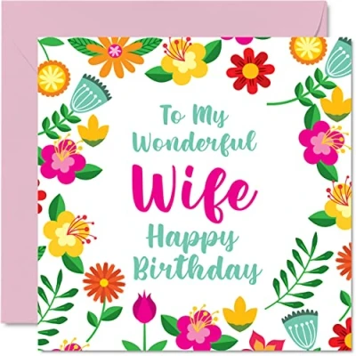 Image of Fun Birthday Cards for Wife Wonderful Female Cute Happy Card from Husband Partner, Wifey Gift, 145mm x Valentines Anniversary Floral Greeting Gift