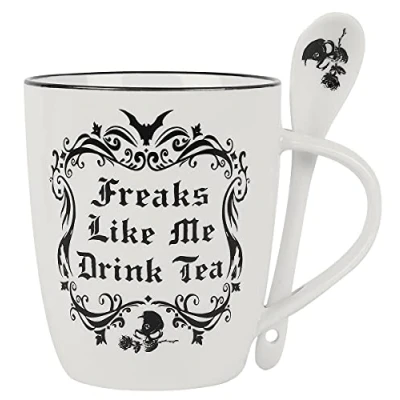 Image of Alchemy England 1977 Freaks Like Me Drink Tea Unisex Cup White Black, Porcelain,