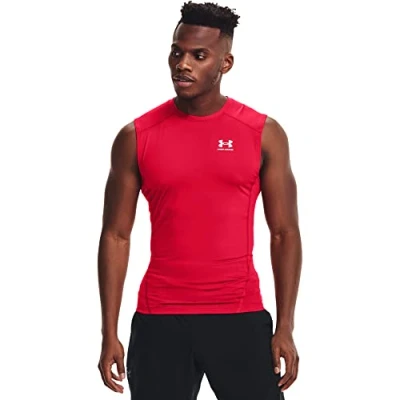 Image of Under Armour Men&#039;s HeatGear Compression Sleeveless T Shirt, Red (600)/White, S