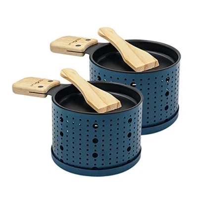Image of COOKUT LUMI Raclette Grill Candle Fondue Quick Heating Chocolate Fondue, Cheese Raclette, Welsh Rarebit Wooden Spatula Included Set of 2 Blue
