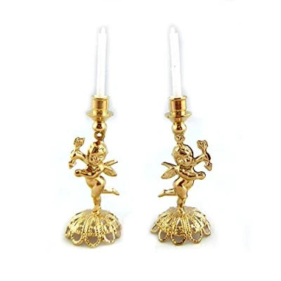 Image of Melody Jane Dolls House Miniature Ornament Brass Cherub Candlesticks Candles