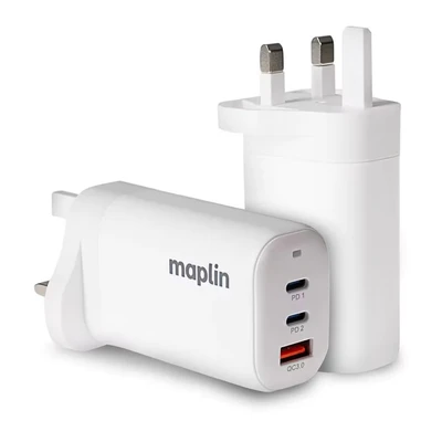 Image of Maplin 3 Port USB Wall Charger 2x C &amp; 1x A GaN PD QC 3.0 65W High Speed, for iPhone 15/14/13/12/11/SE/X/XS/XS MAX/XR/8, Samsung Galaxy, Pixel, Xiaomi, One Plus, Huawei and more