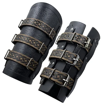Image of HiiFeuer Medieval Vintage Faux Leather Bracers, Retro Buckle Fastening Mercenary Arm Guards, Costume Knight Gauntlets (Black A)