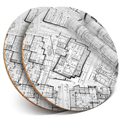 Image of 2 x Round Coasters Construction Uni Architect Cork Backed Home Kitchen Accessory Tea Coffee Mug Mat #38336